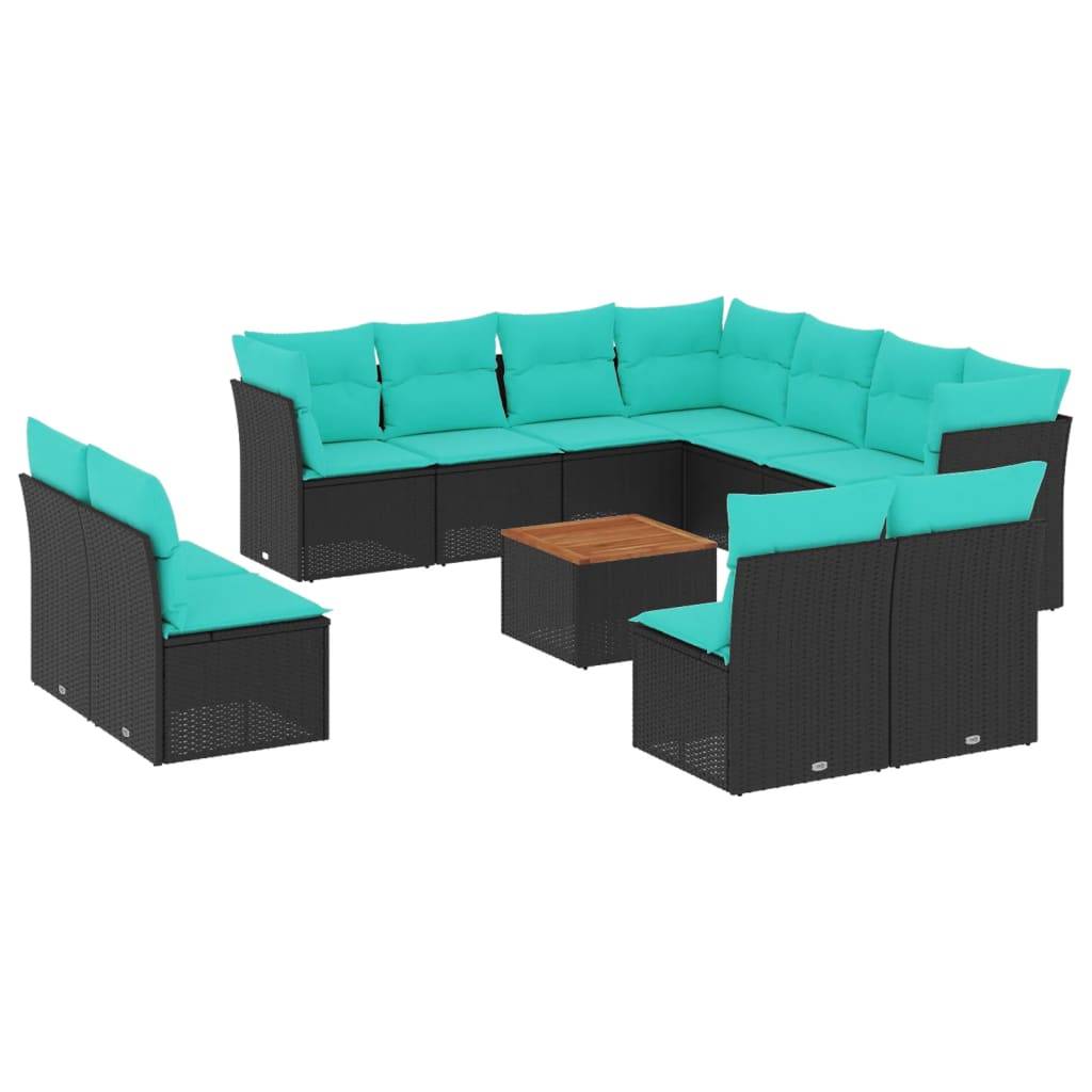 vidaXL 12-tlg. Garten-Sofagarnitur mit Kissen Schwarz Poly Rattan