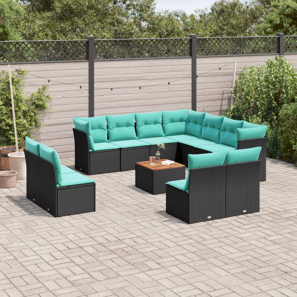 vidaXL 12-tlg. Garten-Sofagarnitur mit Kissen Schwarz Poly Rattan
