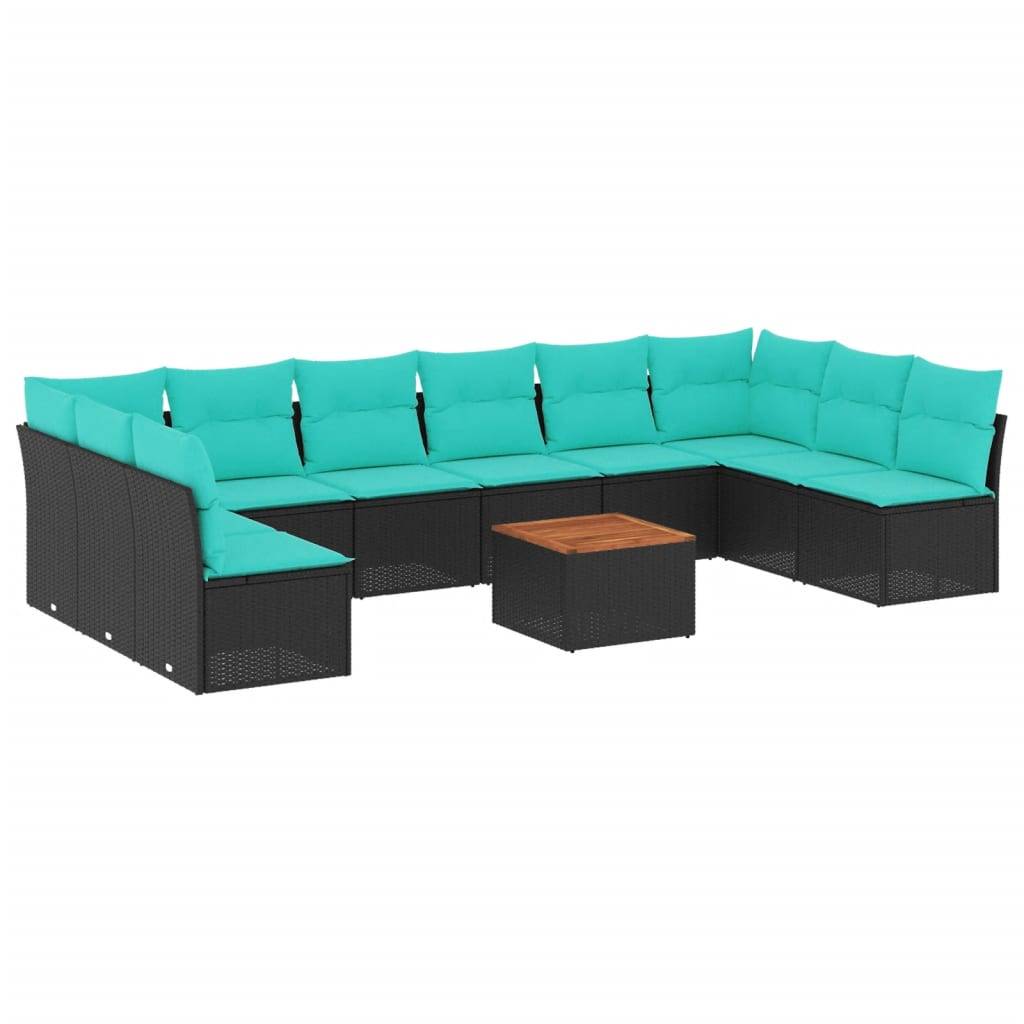 vidaXL 11-tlg. Garten-Sofagarnitur mit Kissen Schwarz Poly Rattan