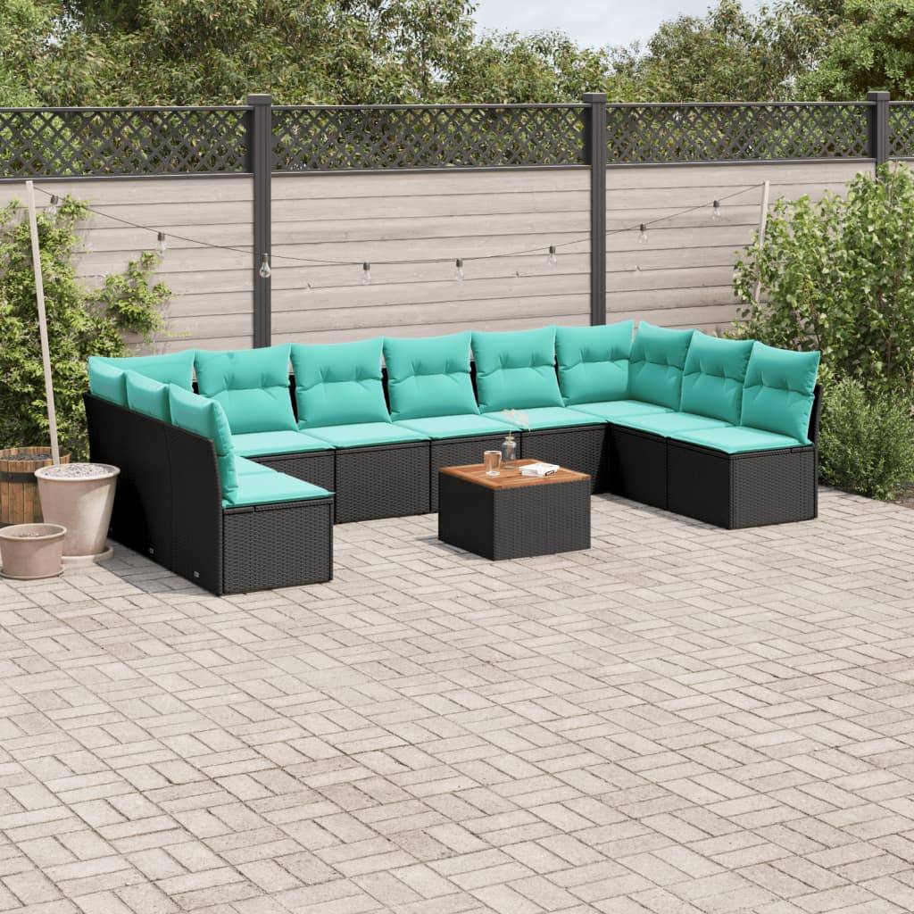 vidaXL 11-tlg. Garten-Sofagarnitur mit Kissen Schwarz Poly Rattan