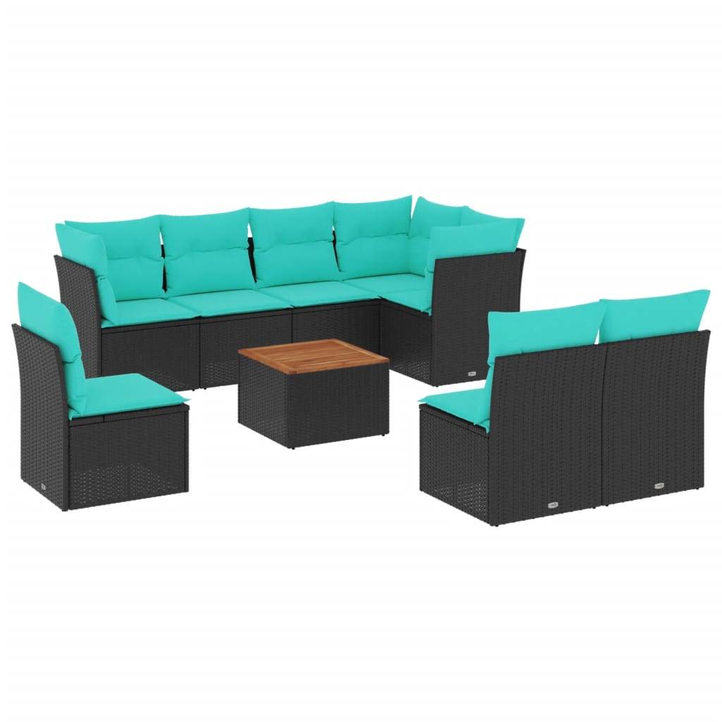 vidaXL 9-tlg. Garten-Sofagarnitur mit Kissen Schwarz Poly Rattan