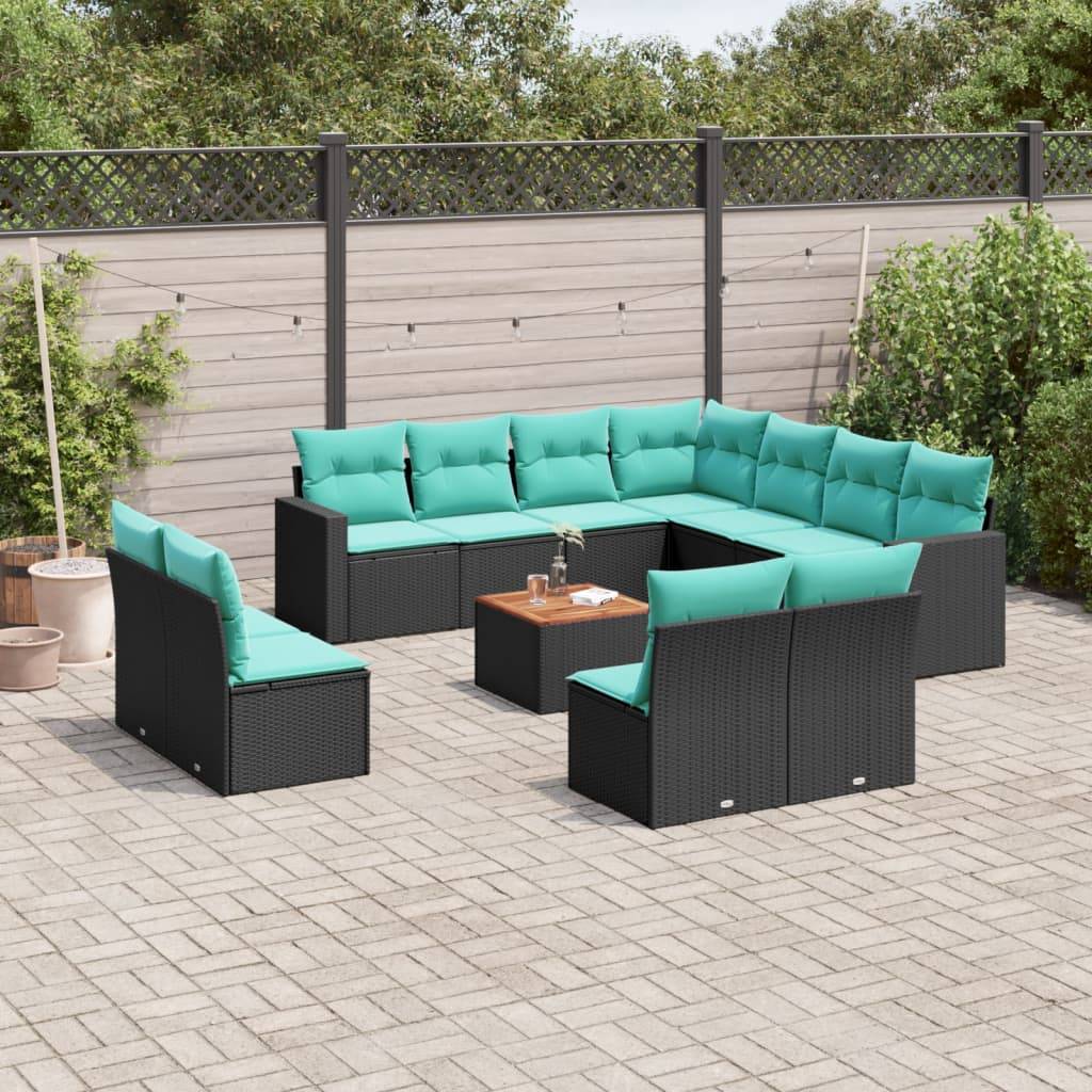 vidaXL 12-tlg. Garten-Sofagarnitur mit Kissen Schwarz Poly Rattan
