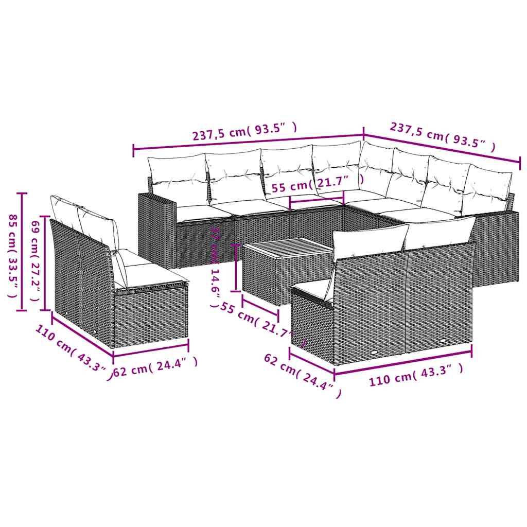 vidaXL 12-tlg. Garten-Sofagarnitur mit Kissen Schwarz Poly Rattan