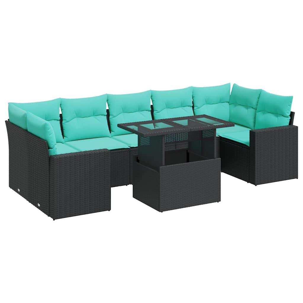 vidaXL 8-tlg. Garten-Sofagarnitur mit Kissen Schwarz Poly Rattan