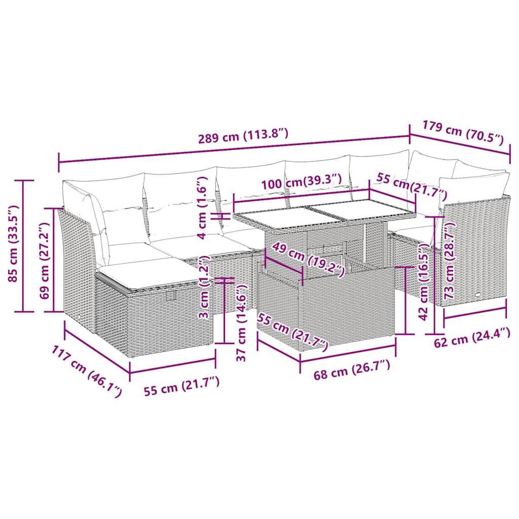 vidaXL 8-tlg. Garten-Sofagarnitur mit Kissen Grau Poly Rattan Akazie