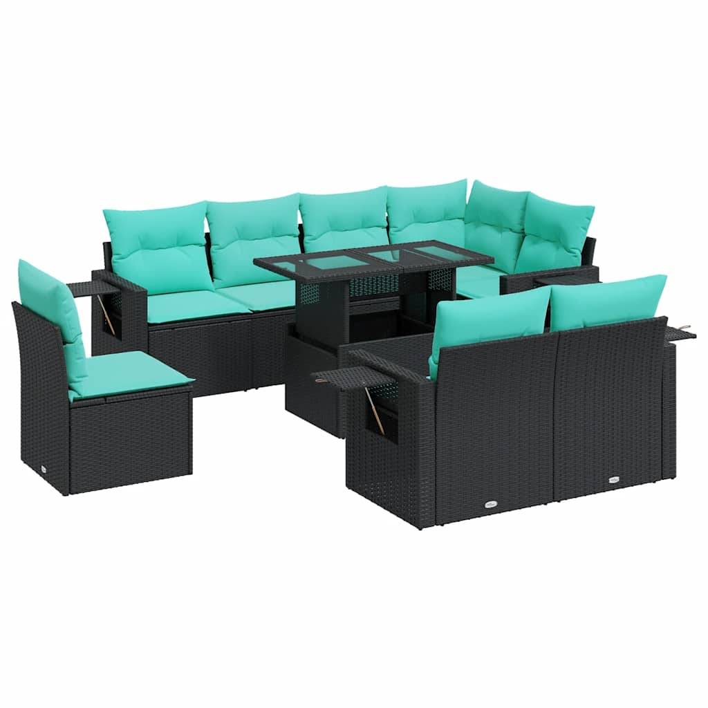 vidaXL 9-tlg. Garten-Sofagarnitur mit Kissen Schwarz Poly Rattan