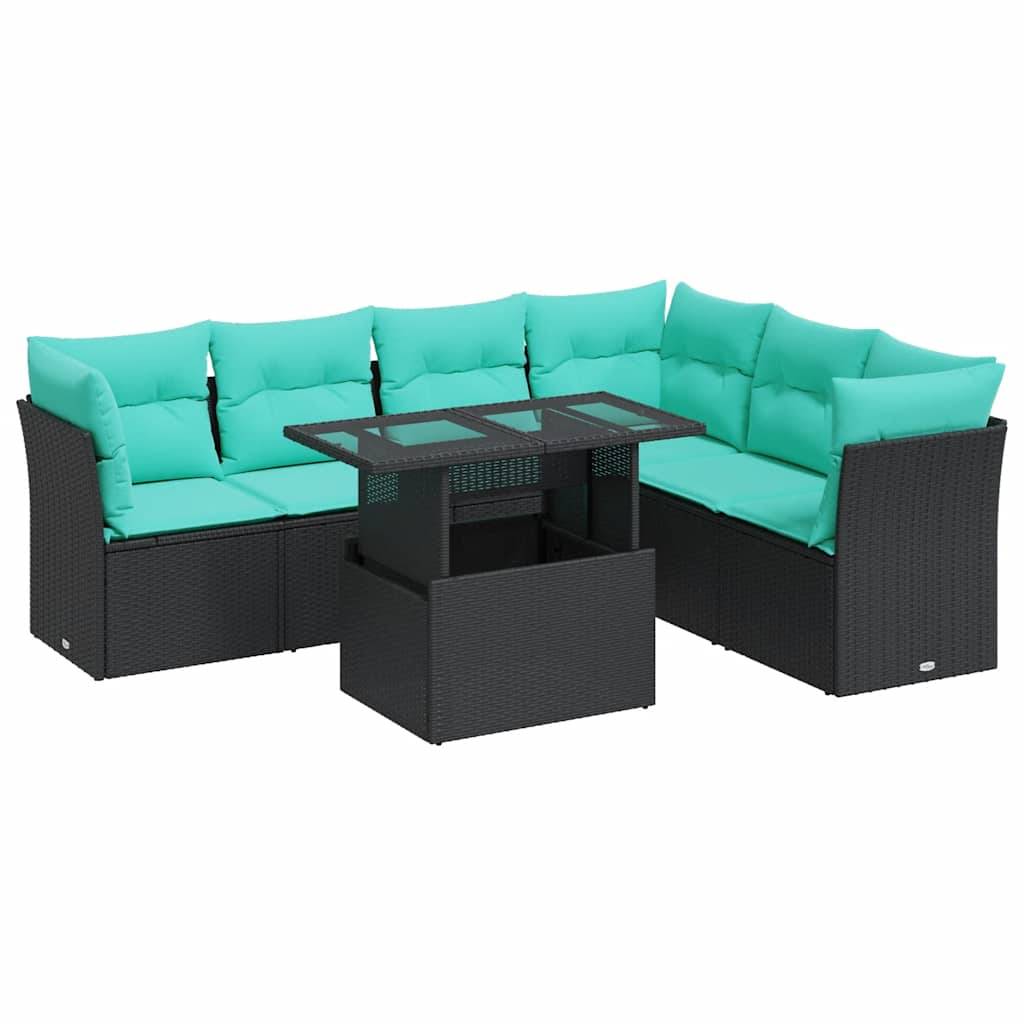 vidaXL 7-tlg. Garten-Sofagarnitur mit Kissen Schwarz Poly Rattan Akazie