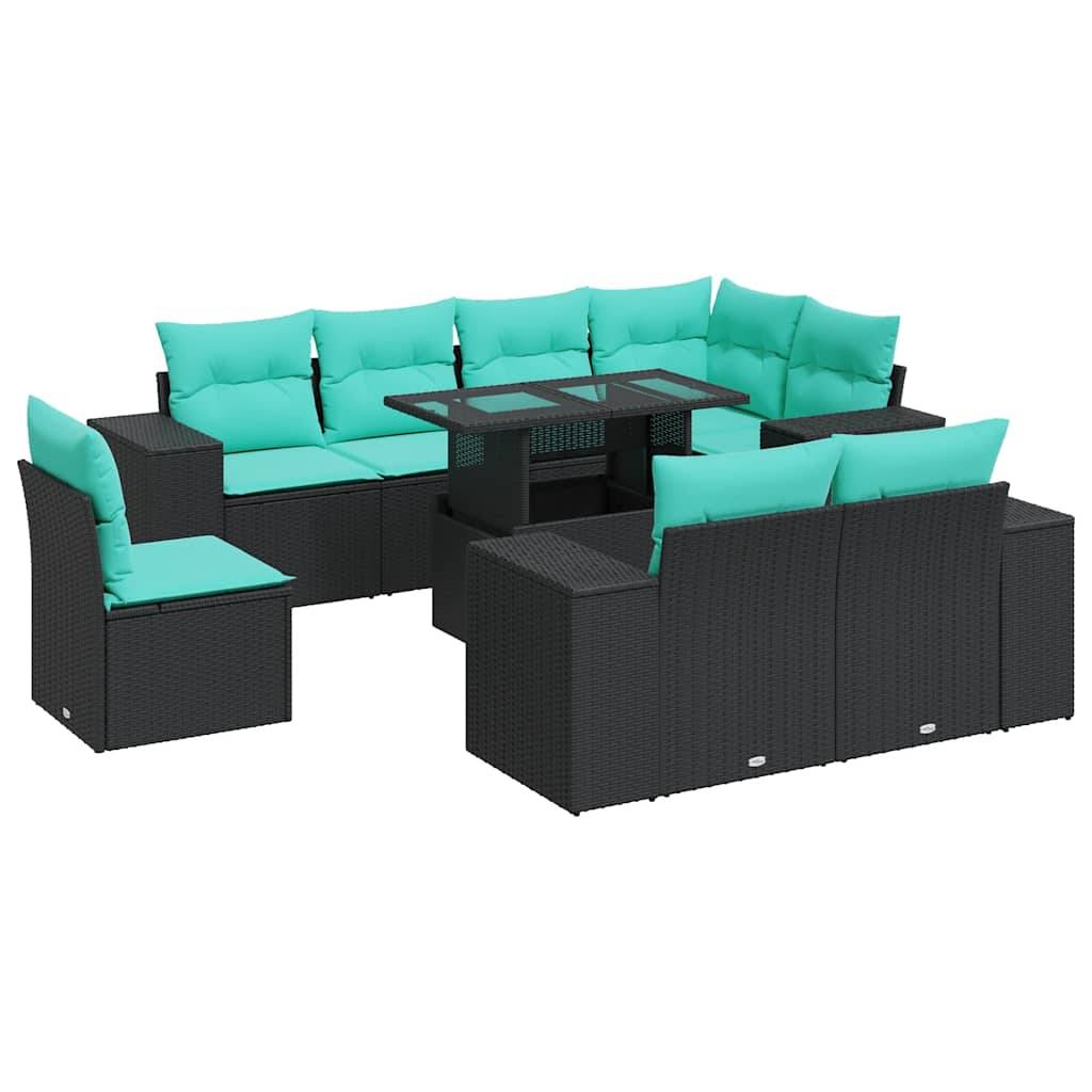 vidaXL 9-tlg. Garten-Sofagarnitur mit Kissen Schwarz Poly Rattan