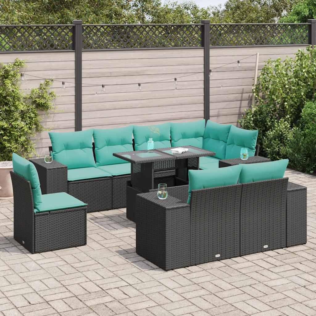 vidaXL 9-tlg. Garten-Sofagarnitur mit Kissen Schwarz Poly Rattan