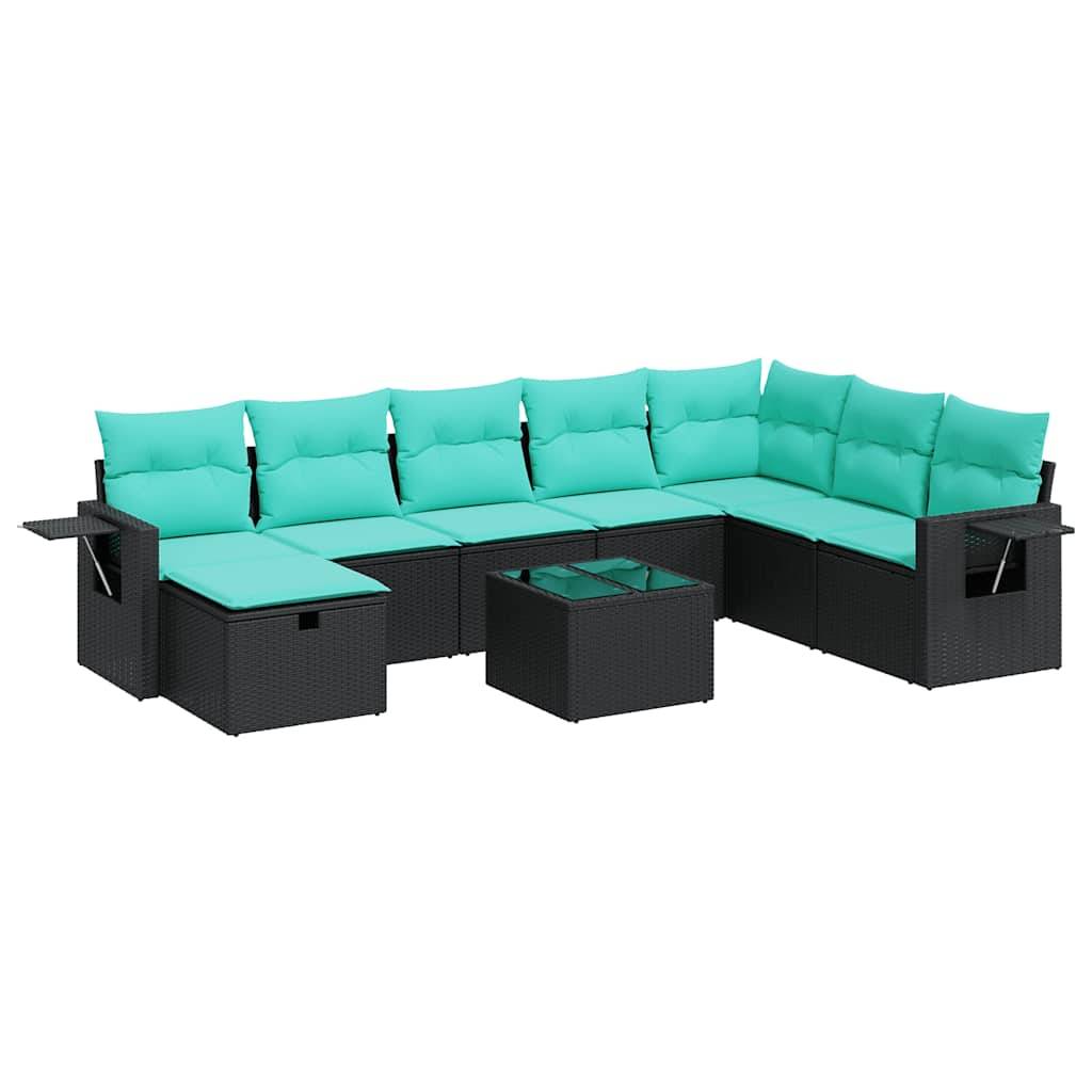vidaXL 9-tlg. Garten-Sofagarnitur mit Kissen Schwarz Poly Rattan