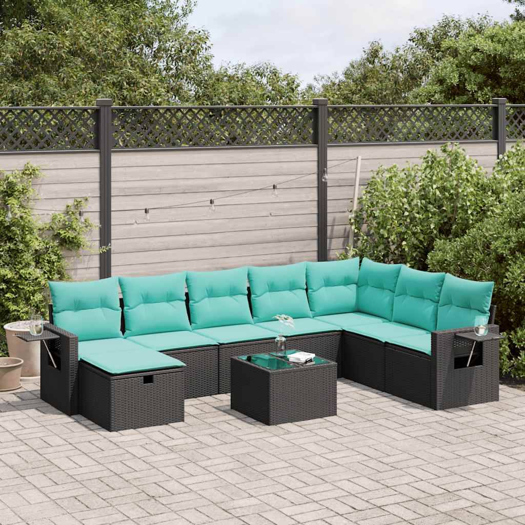 vidaXL 9-tlg. Garten-Sofagarnitur mit Kissen Schwarz Poly Rattan