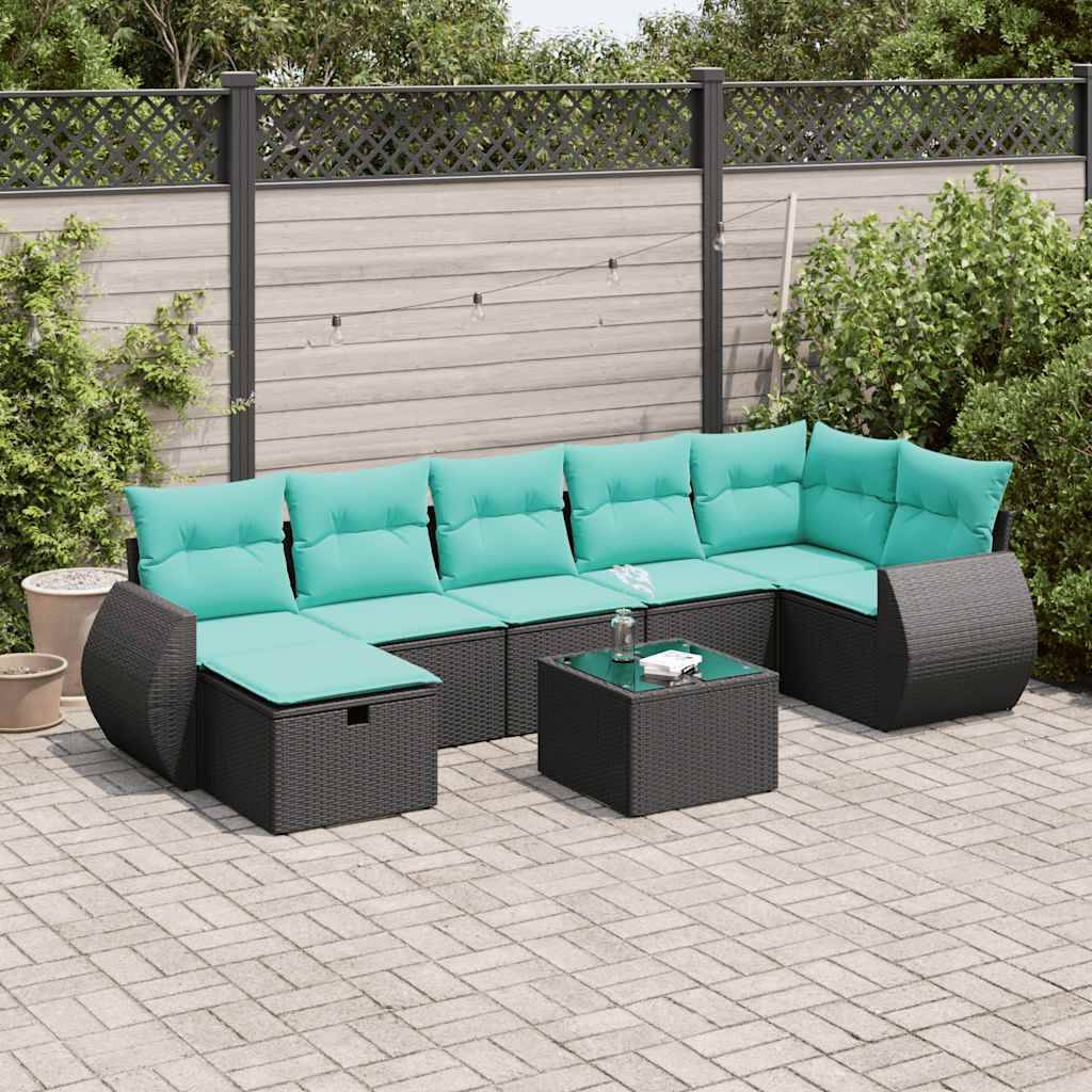 vidaXL 8-tlg. Garten-Sofagarnitur mit Kissen Schwarz Poly Rattan