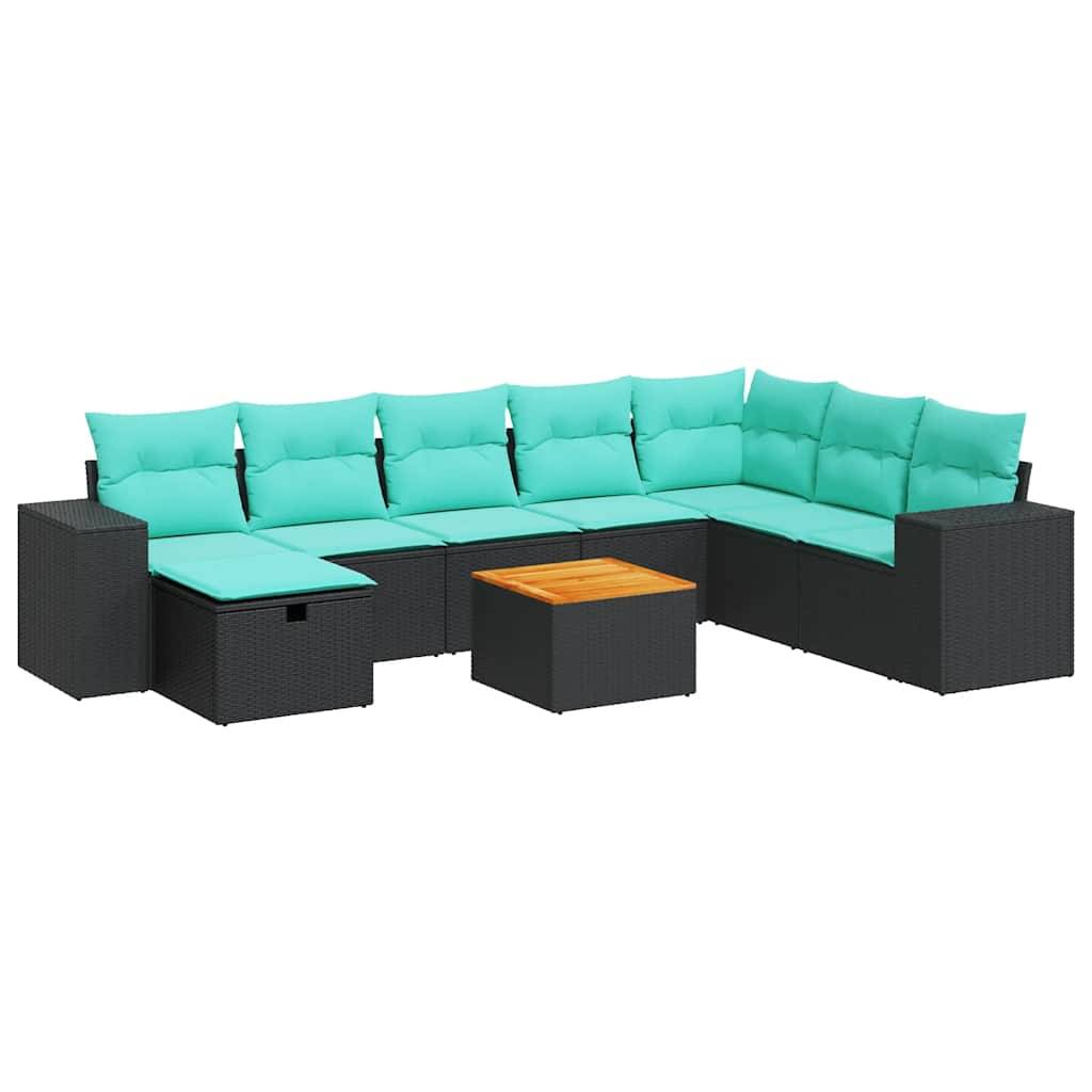 vidaXL 9-tlg. Garten-Sofagarnitur mit Kissen Schwarz Poly Rattan