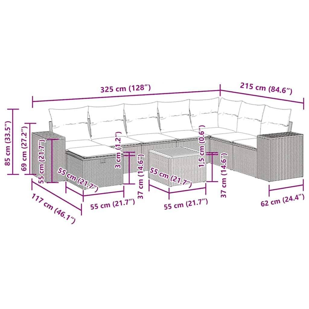 vidaXL 9-tlg. Garten-Sofagarnitur mit Kissen Schwarz Poly Rattan