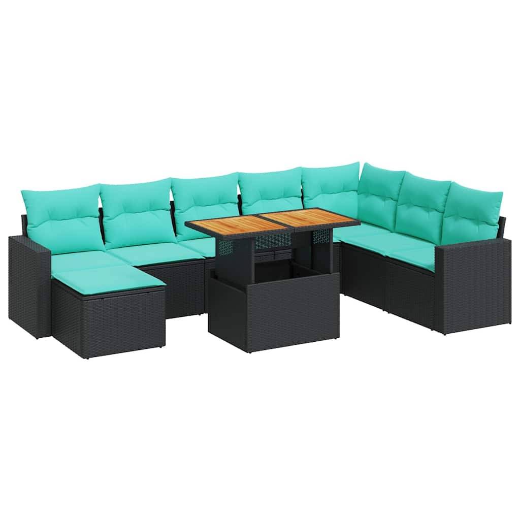 vidaXL 9-tlg. Garten-Sofagarnitur mit Kissen Schwarz Poly Rattan