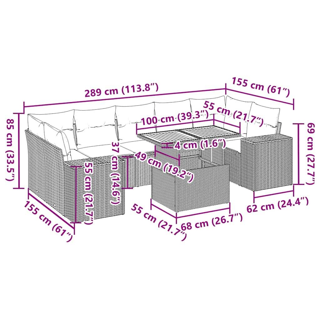 vidaXL 8-tlg. Garten-Sofagarnitur mit Kissen Schwarz Poly Rattan