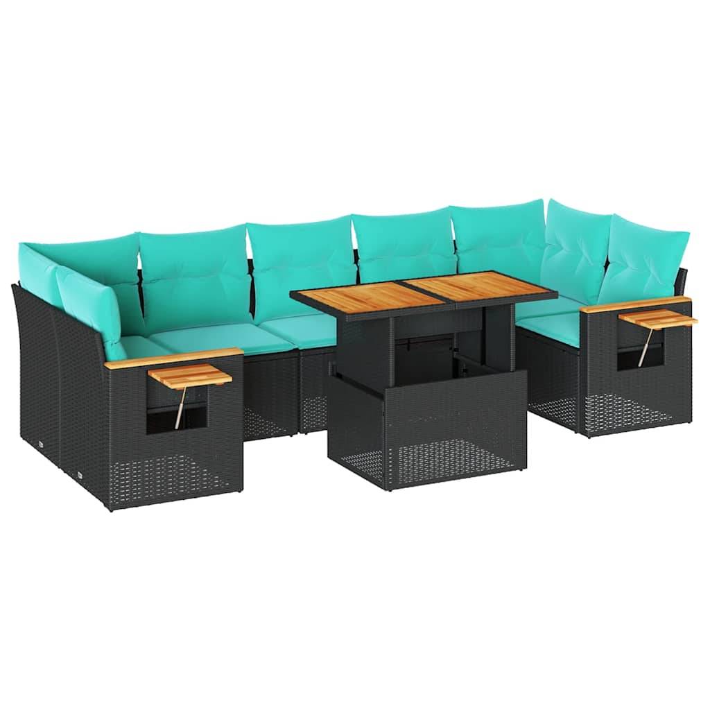 vidaXL 8-tlg. Garten-Sofagarnitur mit Kissen Schwarz Poly Rattan