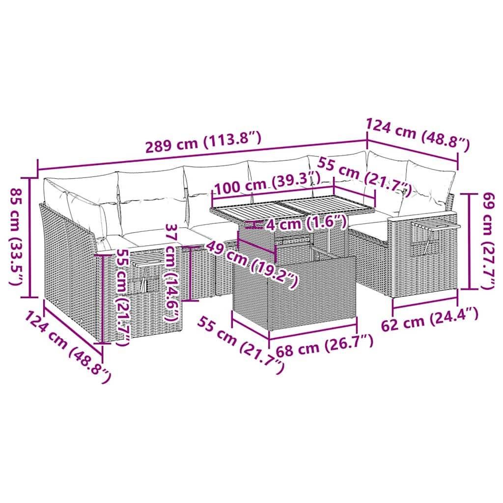 vidaXL 8-tlg. Garten-Sofagarnitur mit Kissen Schwarz Poly Rattan