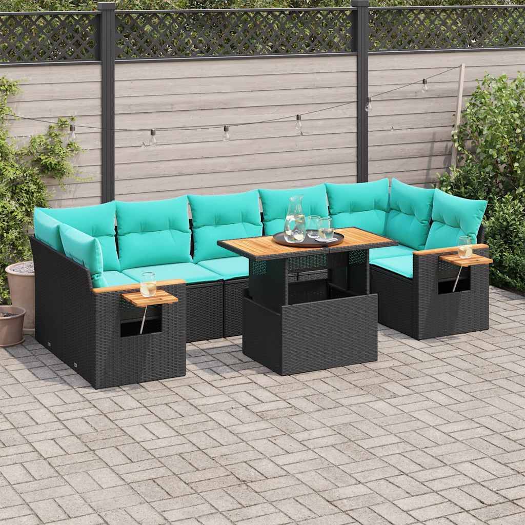 vidaXL 8-tlg. Garten-Sofagarnitur mit Kissen Schwarz Poly Rattan