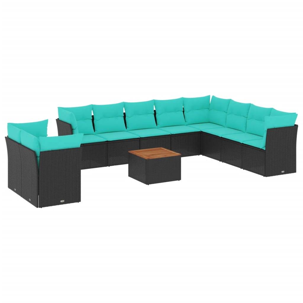 vidaXL 11-tlg. Garten-Sofagarnitur mit Kissen Schwarz Poly Rattan