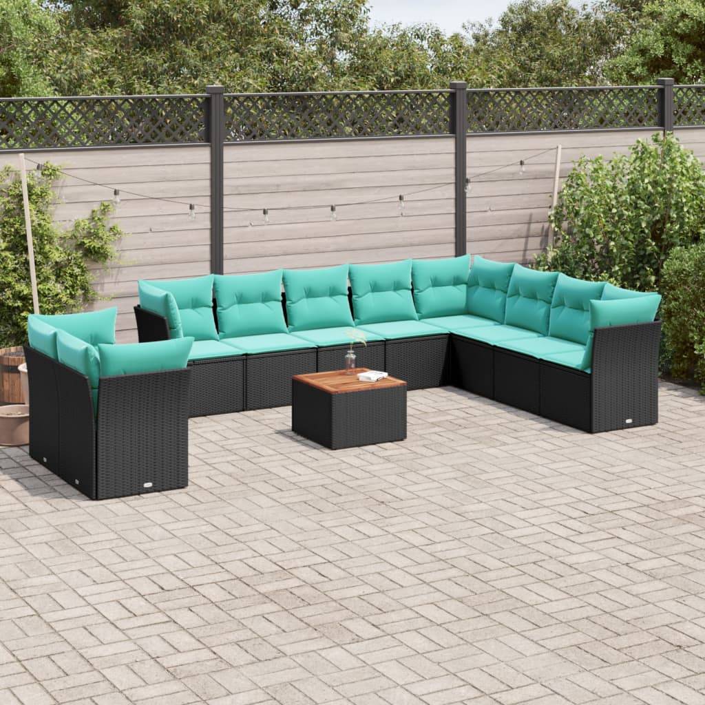 vidaXL 11-tlg. Garten-Sofagarnitur mit Kissen Schwarz Poly Rattan