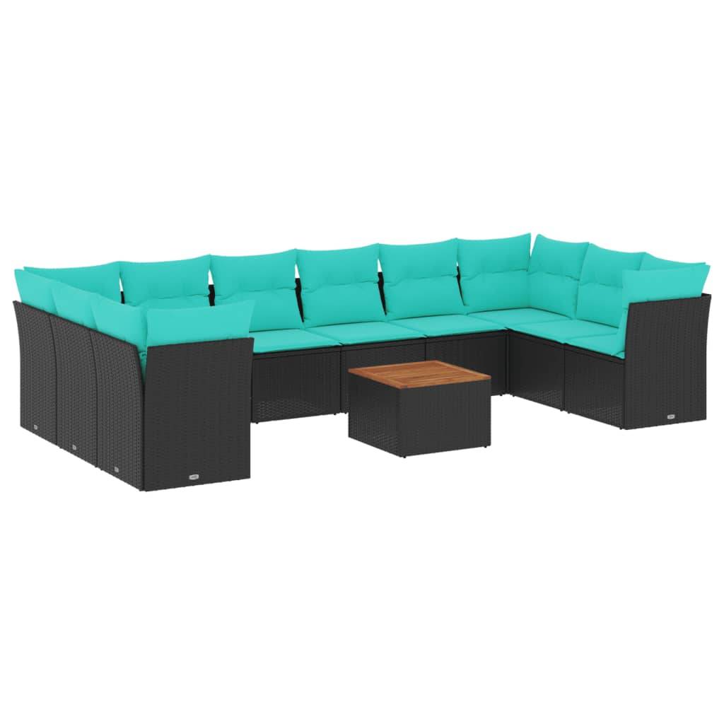 vidaXL 11-tlg. Garten-Sofagarnitur mit Kissen Schwarz Poly Rattan