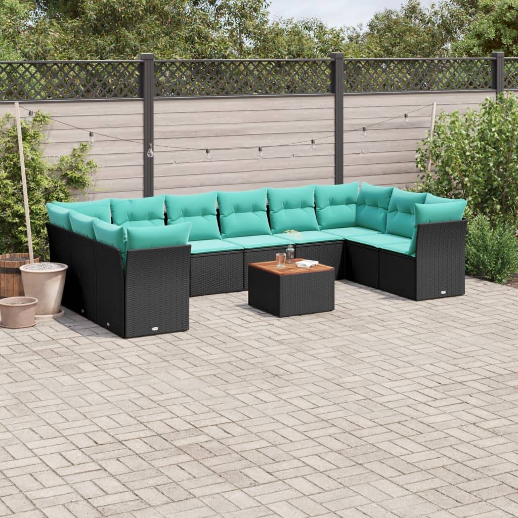 vidaXL 11-tlg. Garten-Sofagarnitur mit Kissen Schwarz Poly Rattan