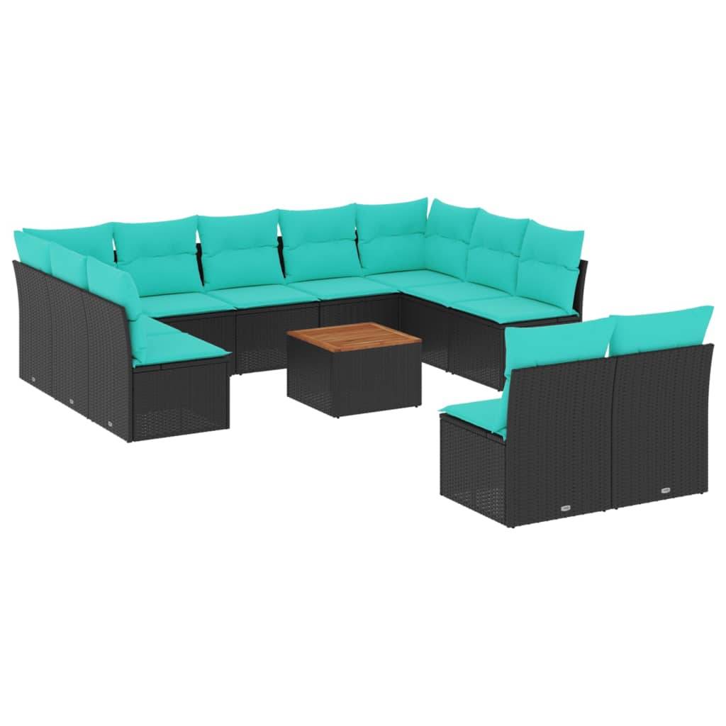 vidaXL 12-tlg. Garten-Sofagarnitur mit Kissen Schwarz Poly Rattan