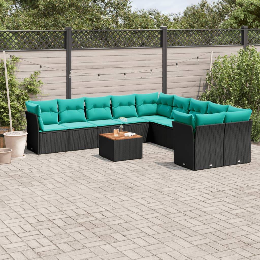 vidaXL 11-tlg. Garten-Sofagarnitur mit Kissen Schwarz Poly Rattan