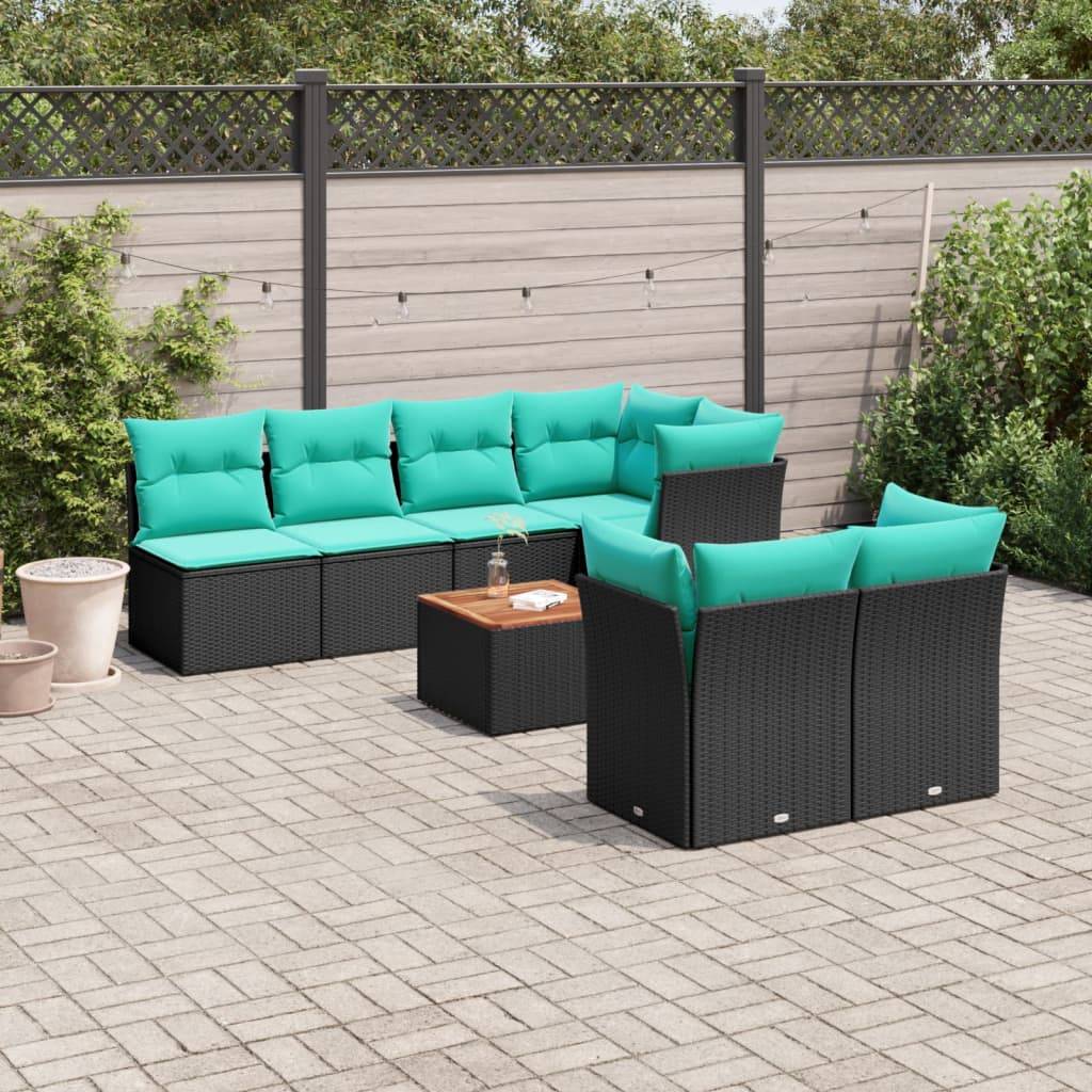 vidaXL 8-tlg. Garten-Sofagarnitur mit Kissen Schwarz Poly Rattan