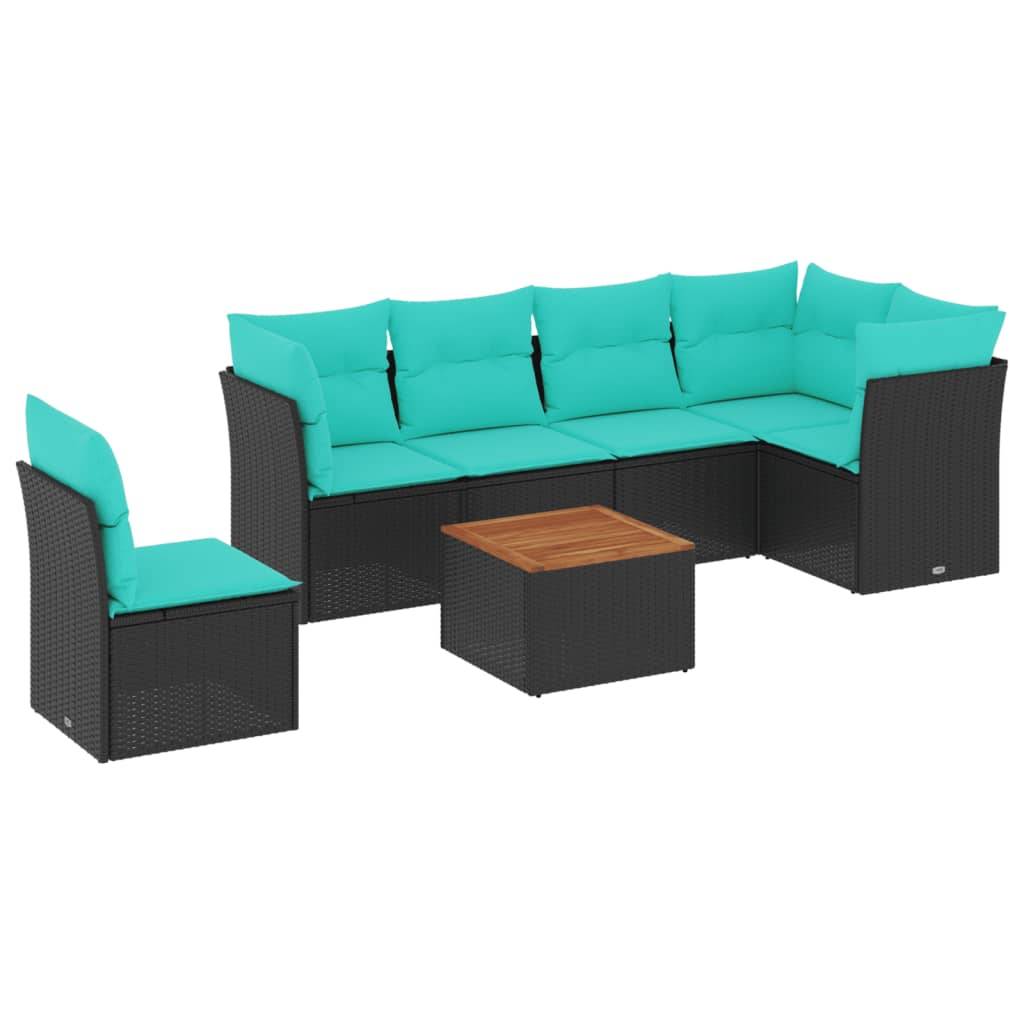 vidaXL 7-tlg. Garten-Sofagarnitur mit Kissen Schwarz Poly Rattan
