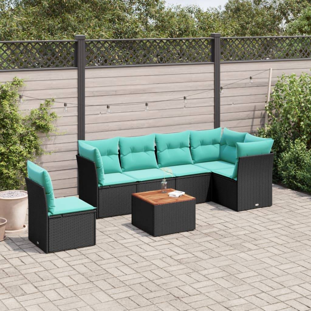 vidaXL 7-tlg. Garten-Sofagarnitur mit Kissen Schwarz Poly Rattan