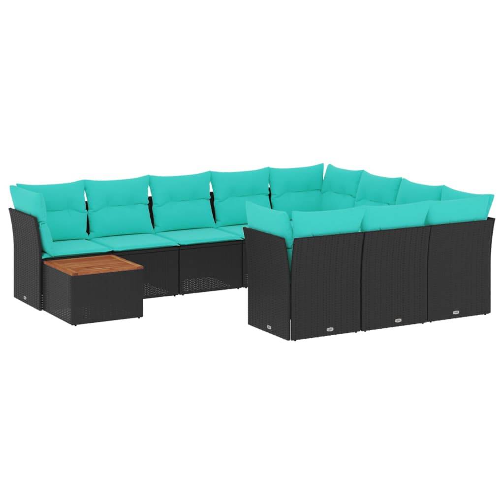 vidaXL 11-tlg. Garten-Sofagarnitur mit Kissen Schwarz Poly Rattan