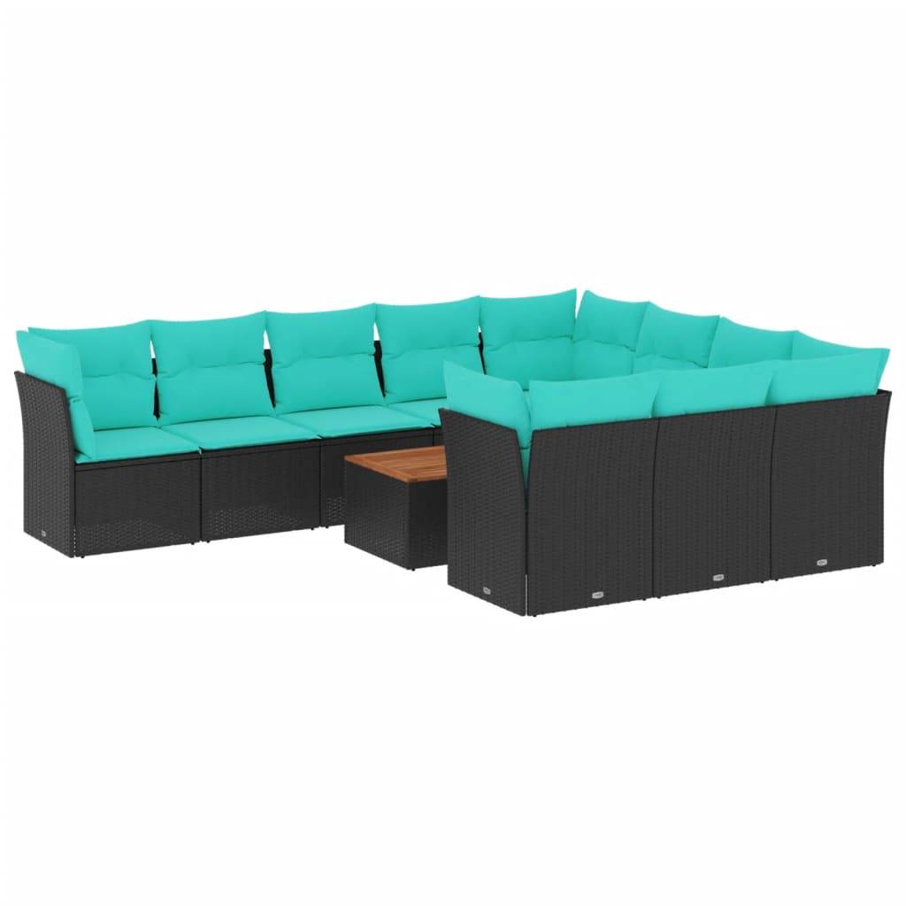 vidaXL 11-tlg. Garten-Sofagarnitur mit Kissen Schwarz Poly Rattan