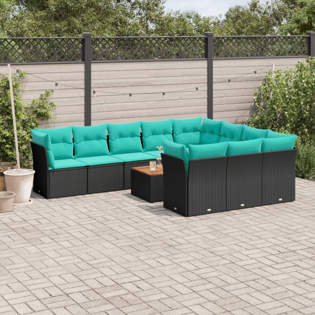 vidaXL 11-tlg. Garten-Sofagarnitur mit Kissen Schwarz Poly Rattan