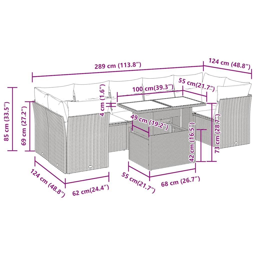 vidaXL 8-tlg. Garten-Sofagarnitur mit Kissen Schwarz Poly Rattan