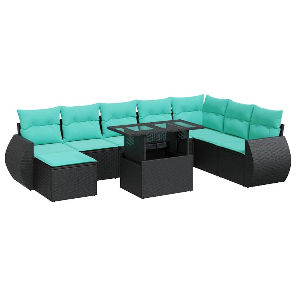 vidaXL 9-tlg. Garten-Sofagarnitur mit Kissen Schwarz Poly Rattan