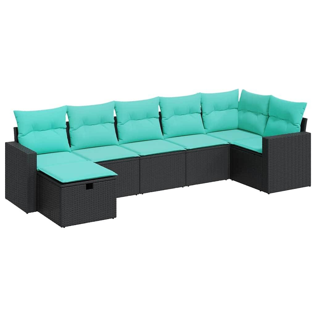 vidaXL 7-tlg. Garten-Sofagarnitur mit Kissen Schwarz Poly Rattan