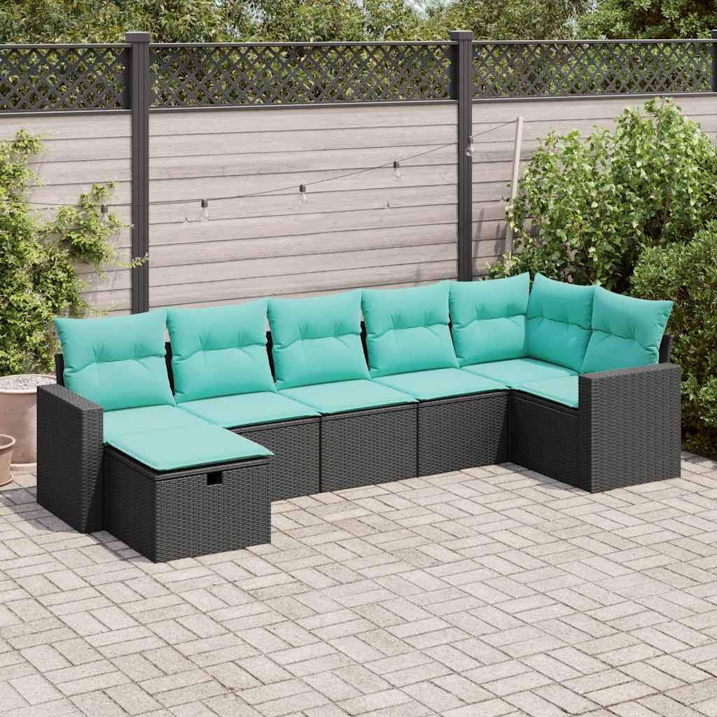 vidaXL 7-tlg. Garten-Sofagarnitur mit Kissen Schwarz Poly Rattan