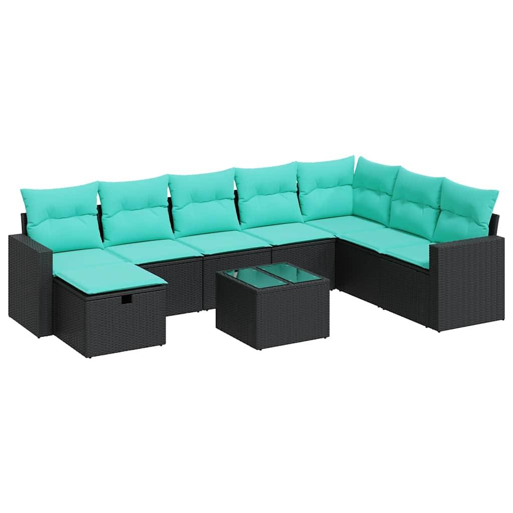 vidaXL 9-tlg. Garten-Sofagarnitur mit Kissen Schwarz Poly Rattan