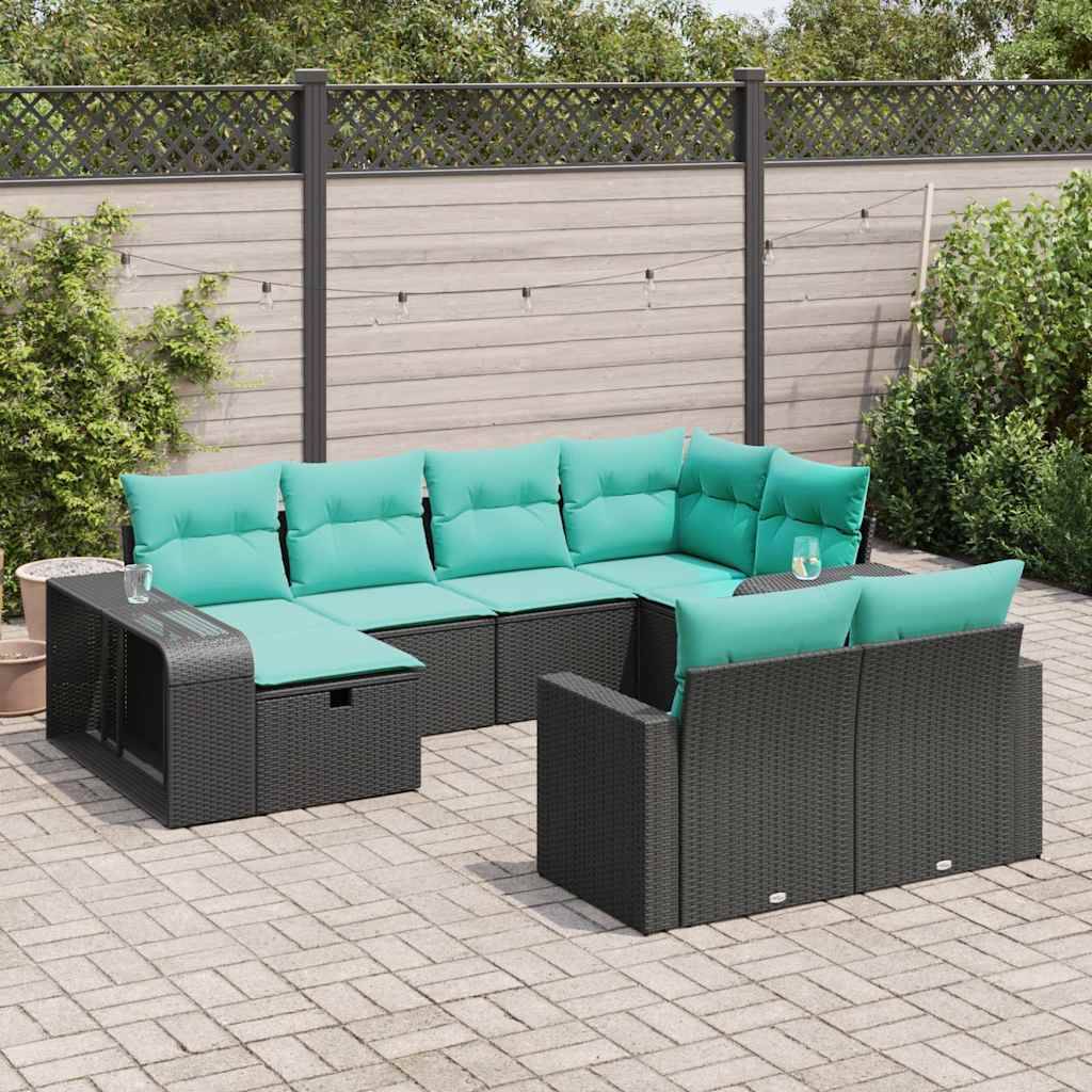 vidaXL 10-tlg. Garten-Sofagarnitur mit Kissen Schwarz Poly Rattan