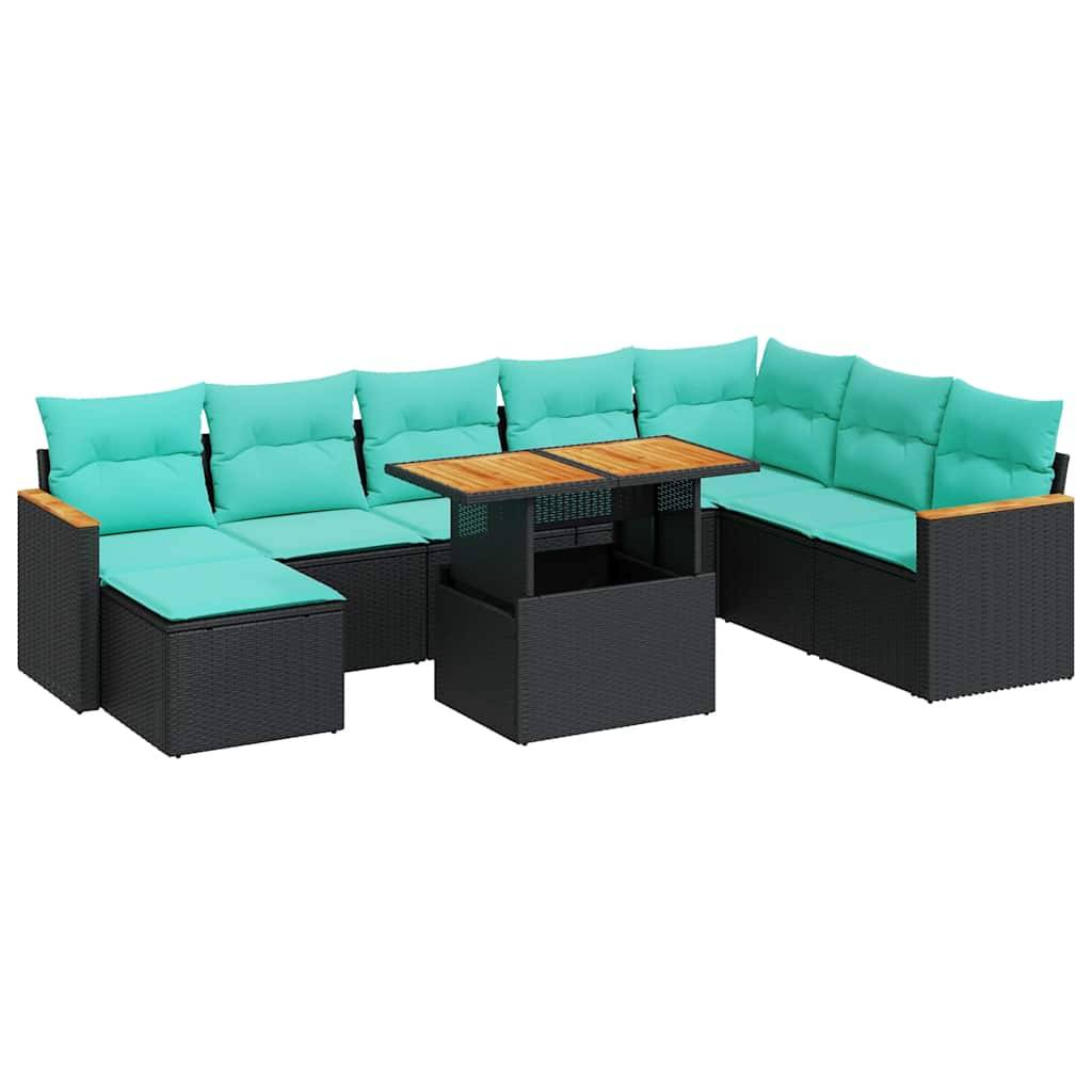 vidaXL 9-tlg. Garten-Sofagarnitur mit Kissen Schwarz Poly Rattan
