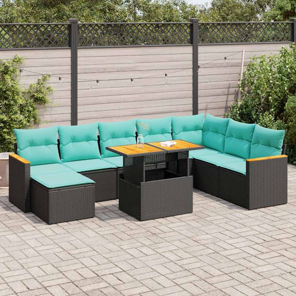 vidaXL 9-tlg. Garten-Sofagarnitur mit Kissen Schwarz Poly Rattan