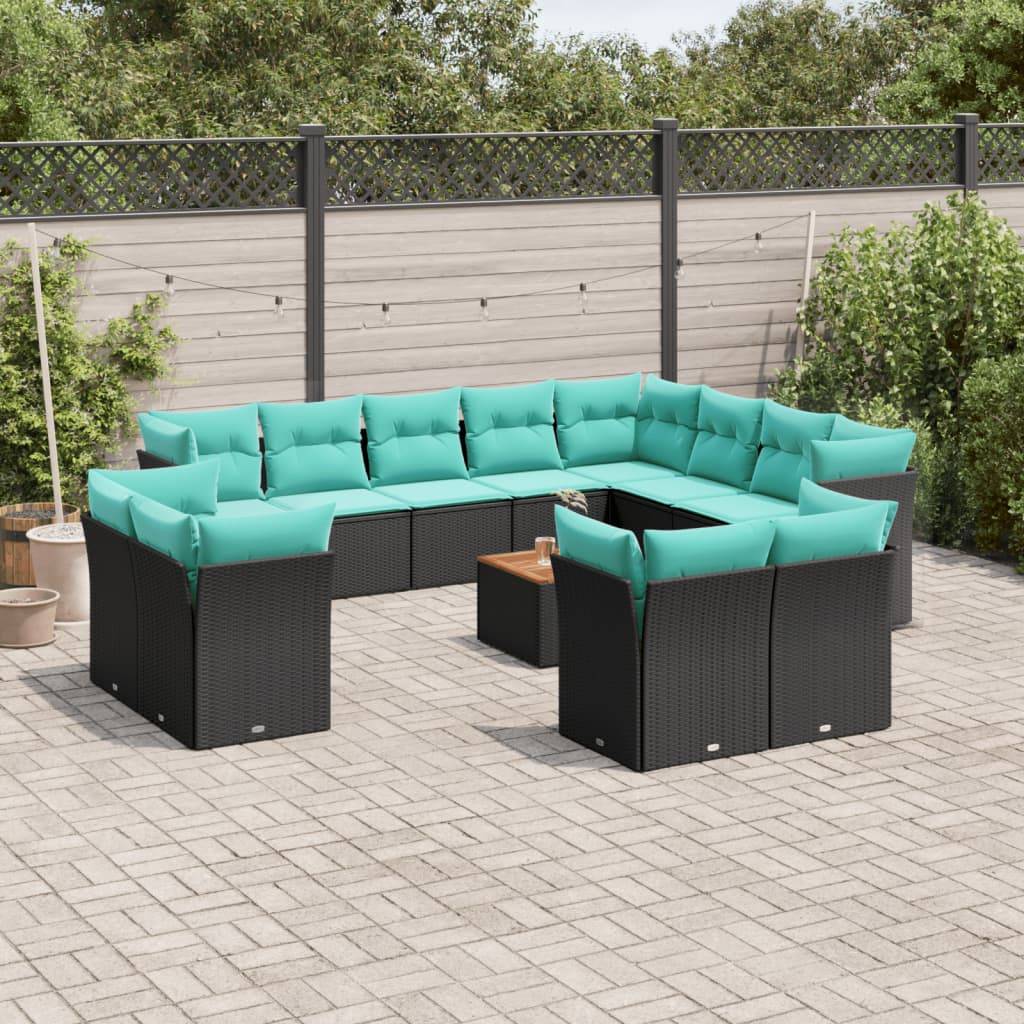 vidaXL 13-tlg. Garten-Sofagarnitur mit Kissen Schwarz Poly Rattan