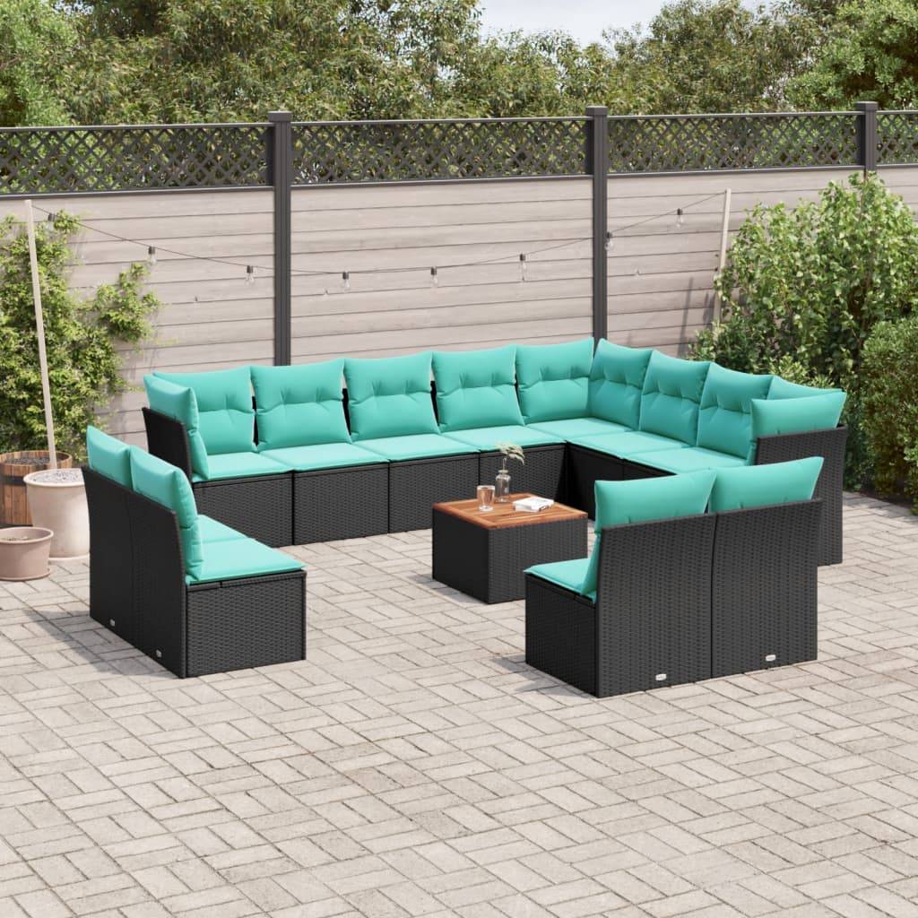 vidaXL 13-tlg. Garten-Sofagarnitur mit Kissen Schwarz Poly Rattan