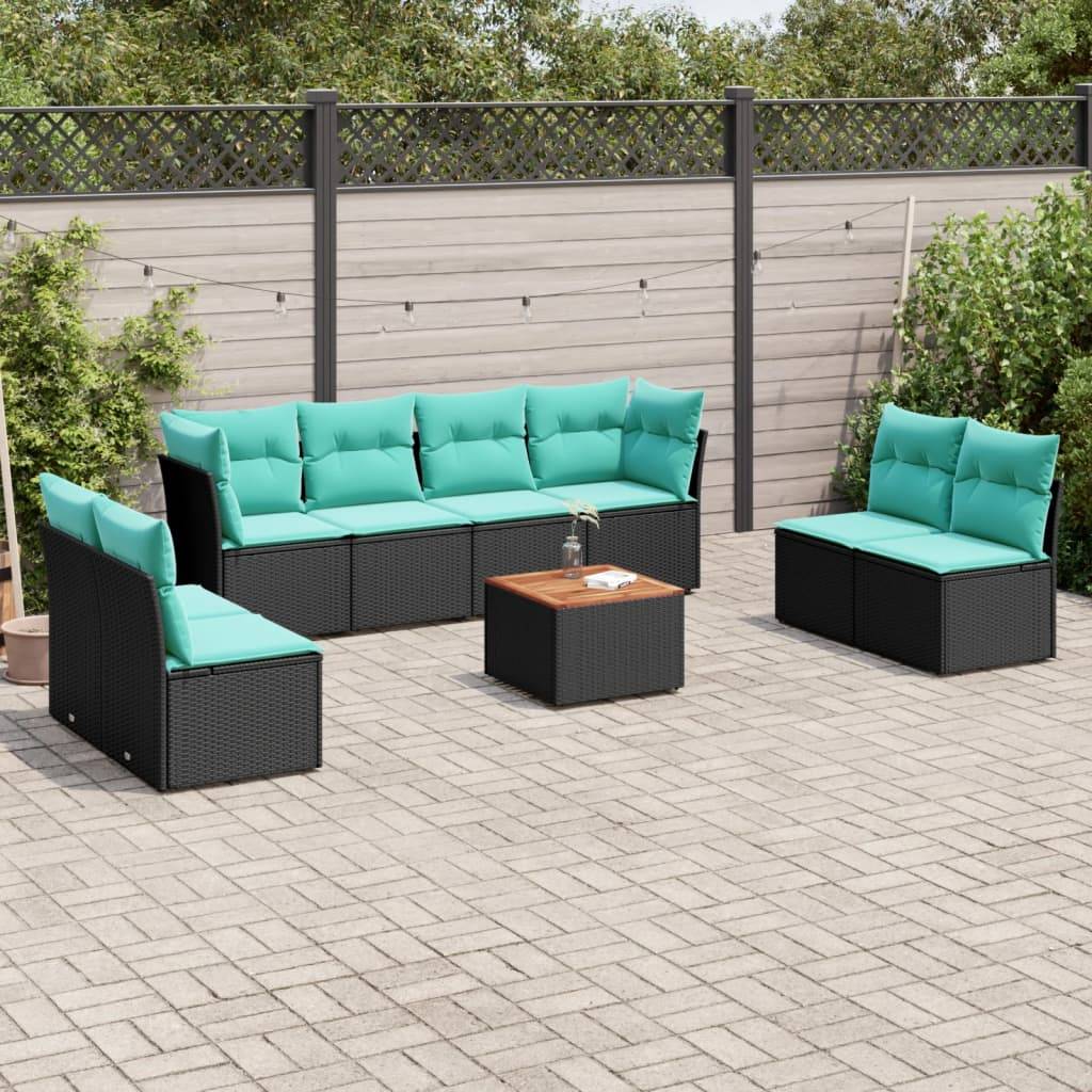 vidaXL 9-tlg. Garten-Sofagarnitur mit Kissen Schwarz Poly Rattan
