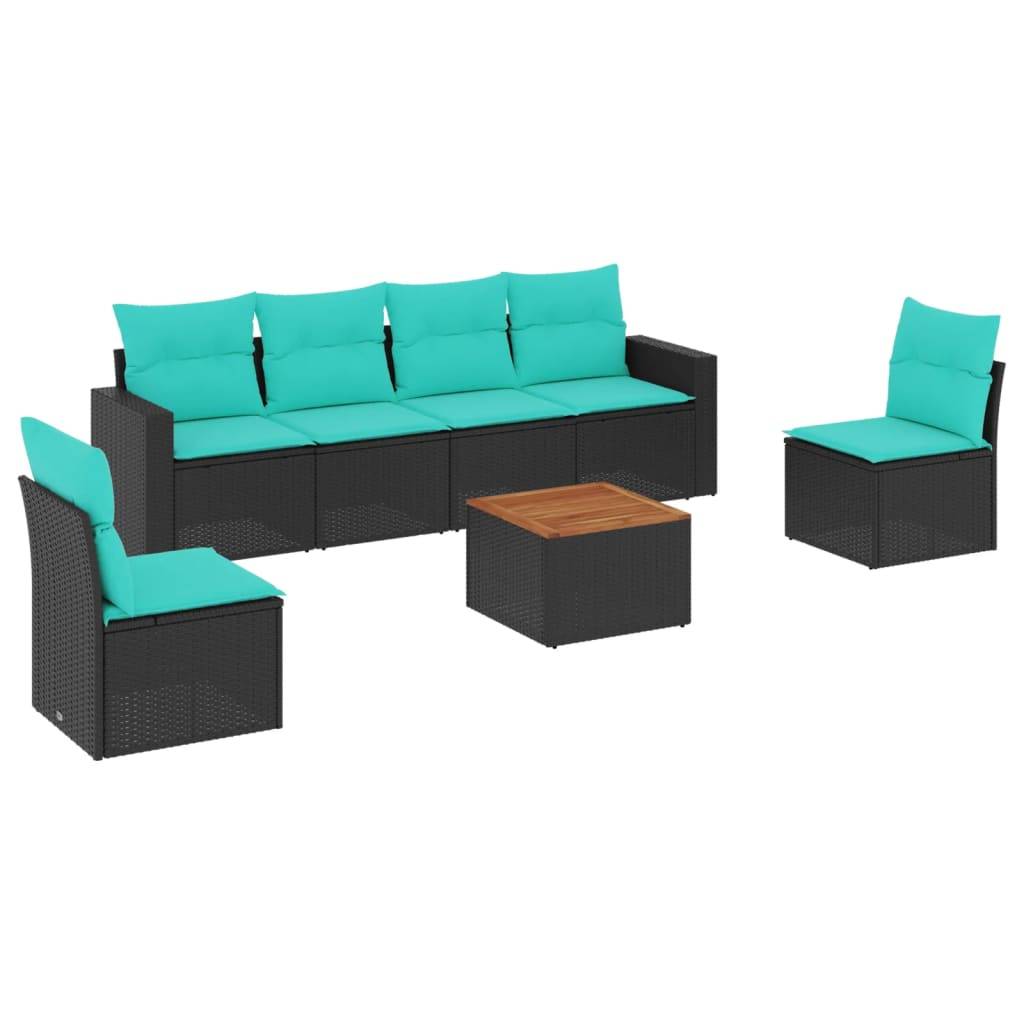 vidaXL 7-tlg. Garten-Sofagarnitur mit Kissen Schwarz Poly Rattan