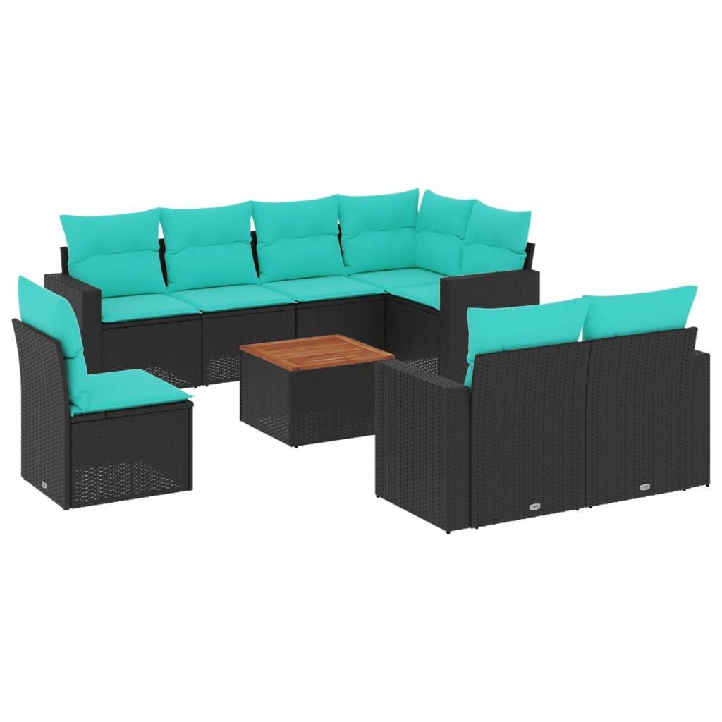 vidaXL 9-tlg. Garten-Sofagarnitur mit Kissen Schwarz Poly Rattan