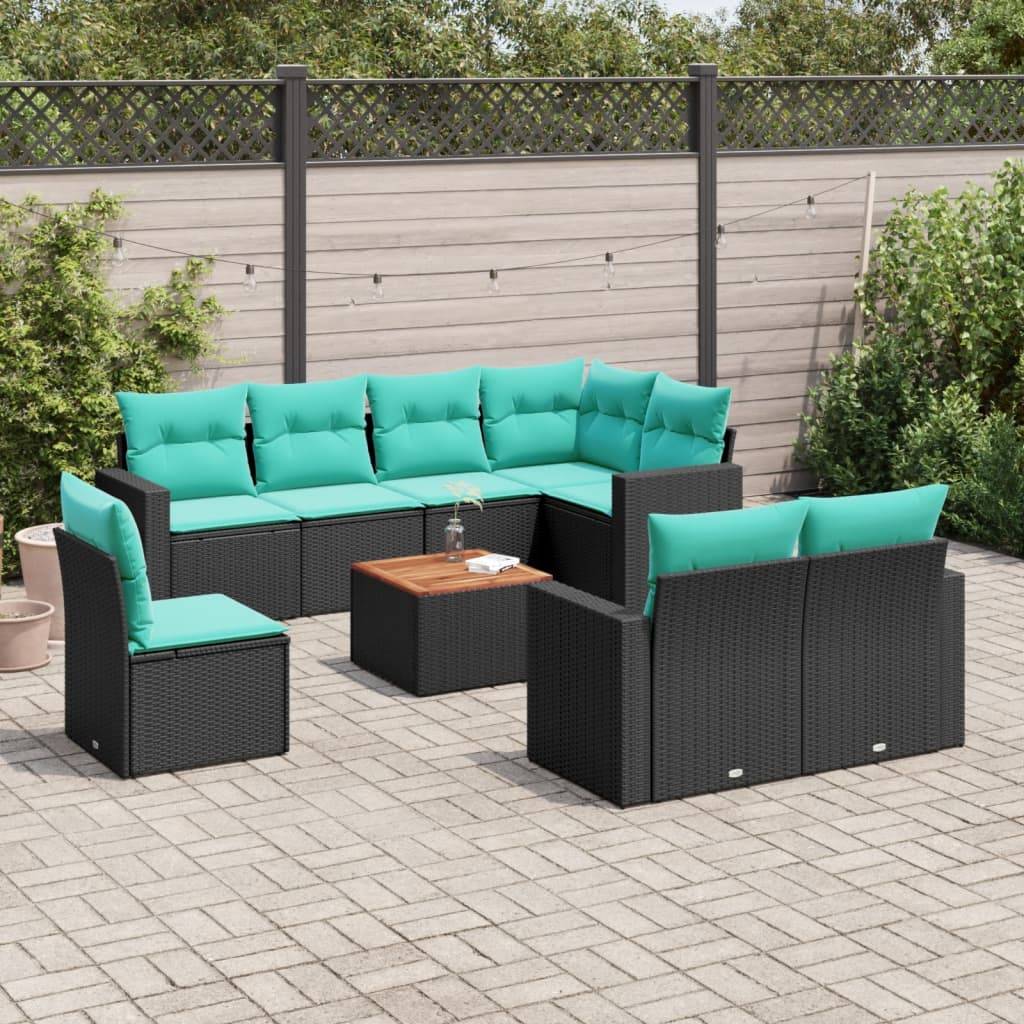 vidaXL 9-tlg. Garten-Sofagarnitur mit Kissen Schwarz Poly Rattan