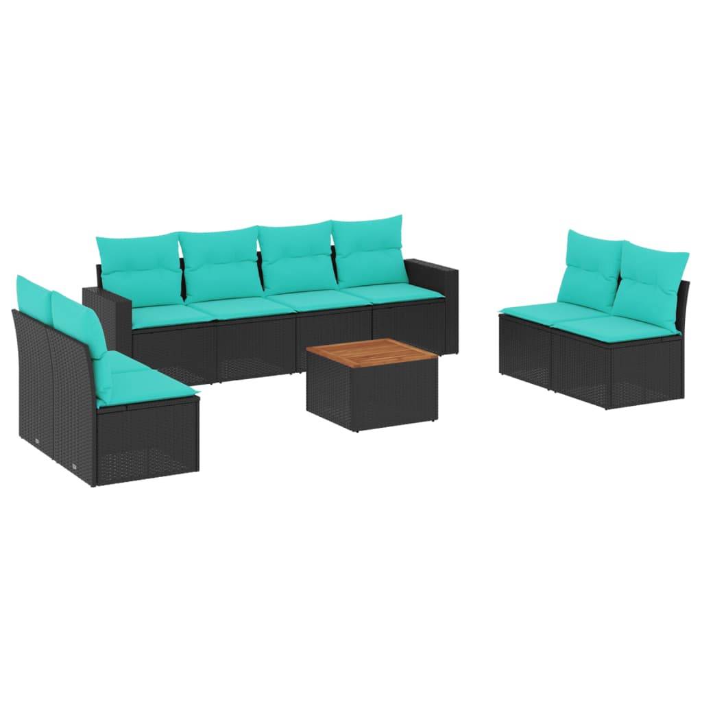 vidaXL 9-tlg. Garten-Sofagarnitur mit Kissen Schwarz Poly Rattan